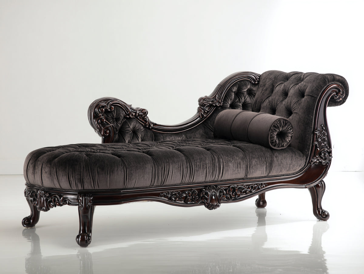 Chaise longue - Velluto - Legno - 190x85x95 cm - Grigio - Stile barocco