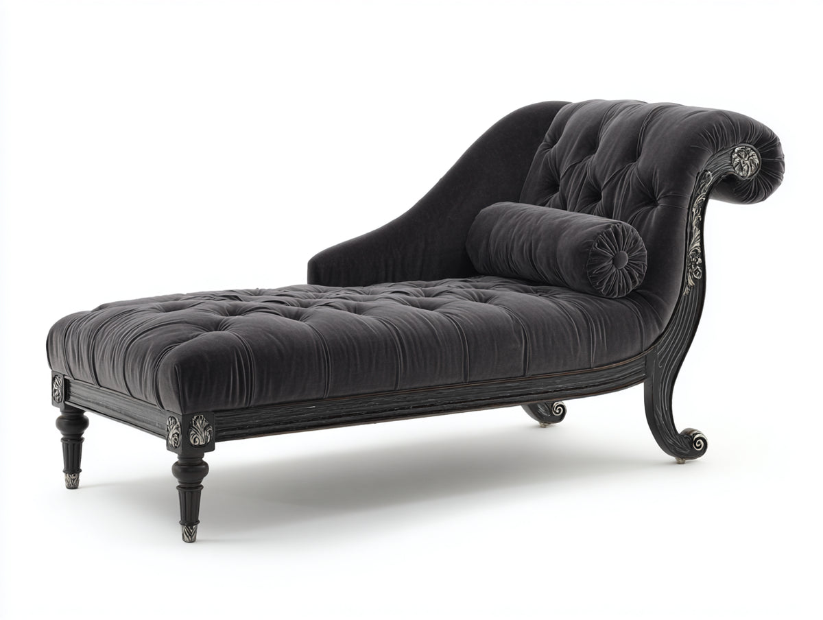 Chaise longue - Velluto - Legno - 190x90x90 cm - Grigio - Stile classico