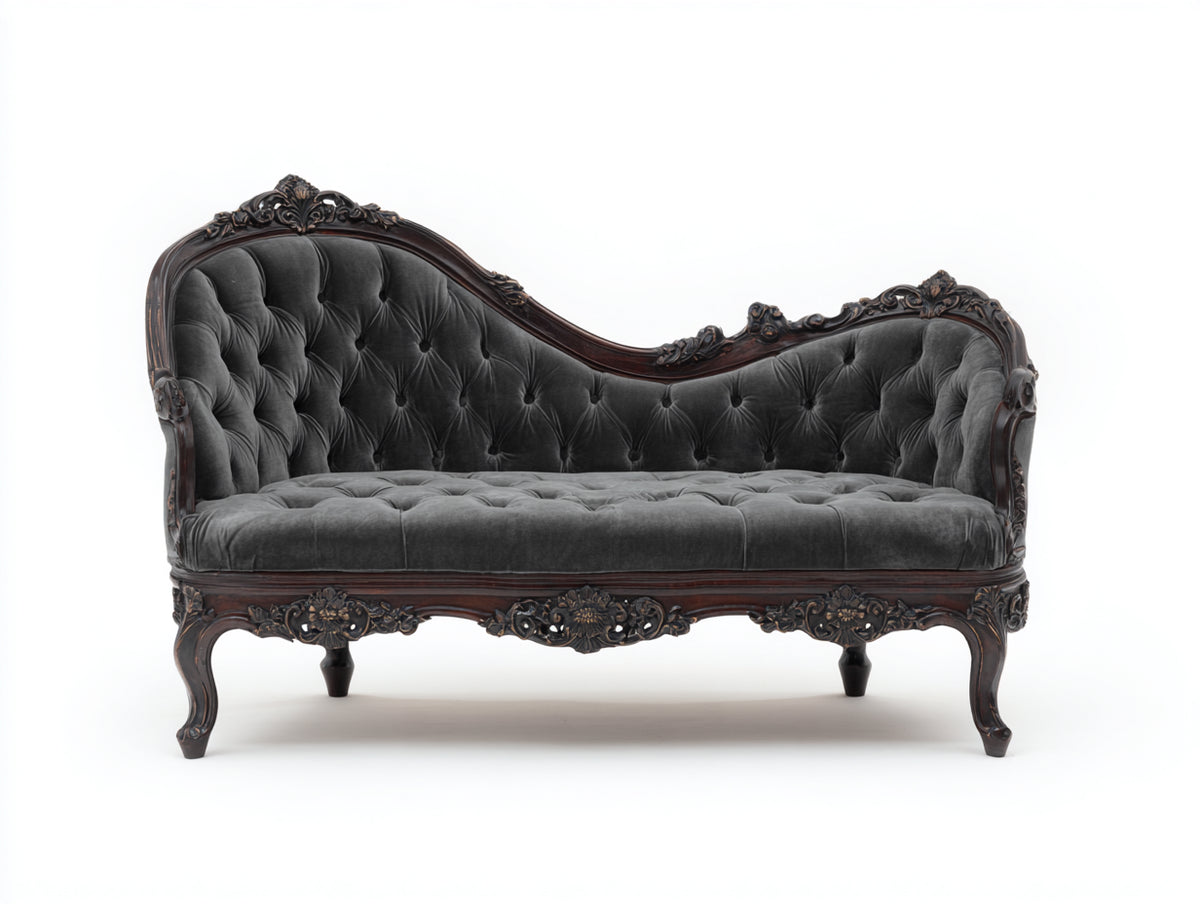 Chaise longue - Velluto - Legno - 200x85x95 cm - Grigio - Stile barocco