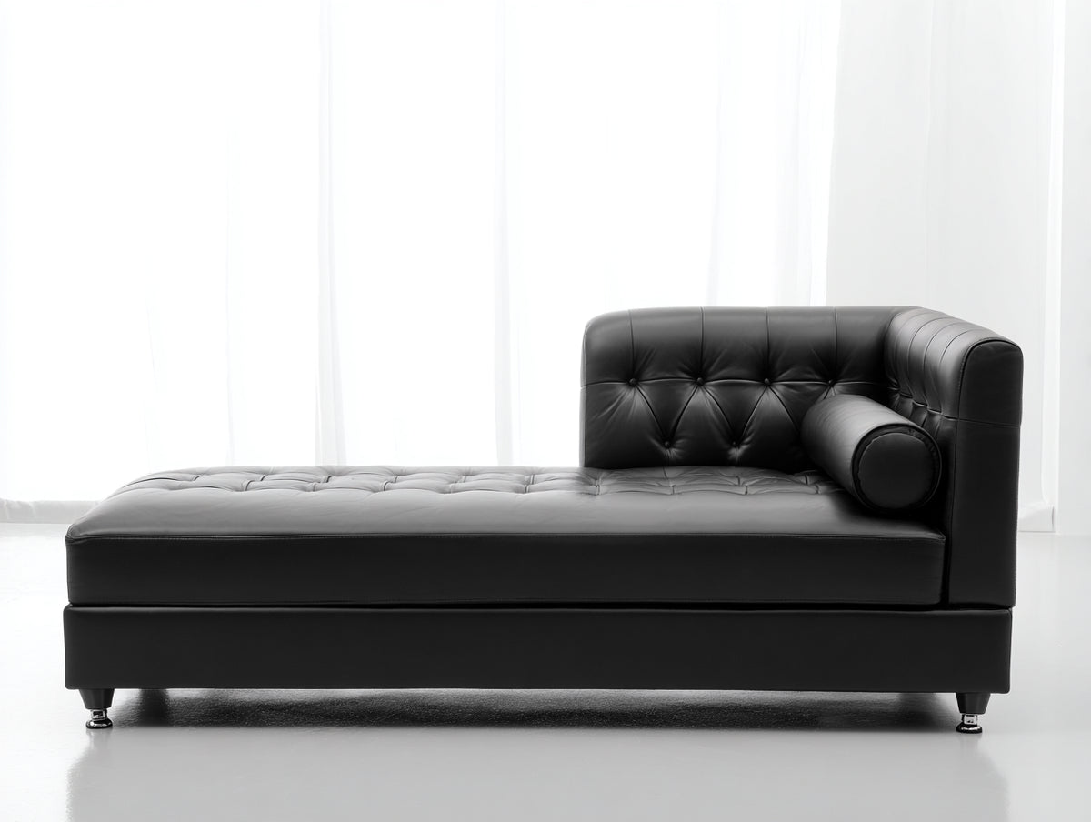Chaise longue - Pelle - Legno - 185x85x80 cm - Nero - Stile moderno