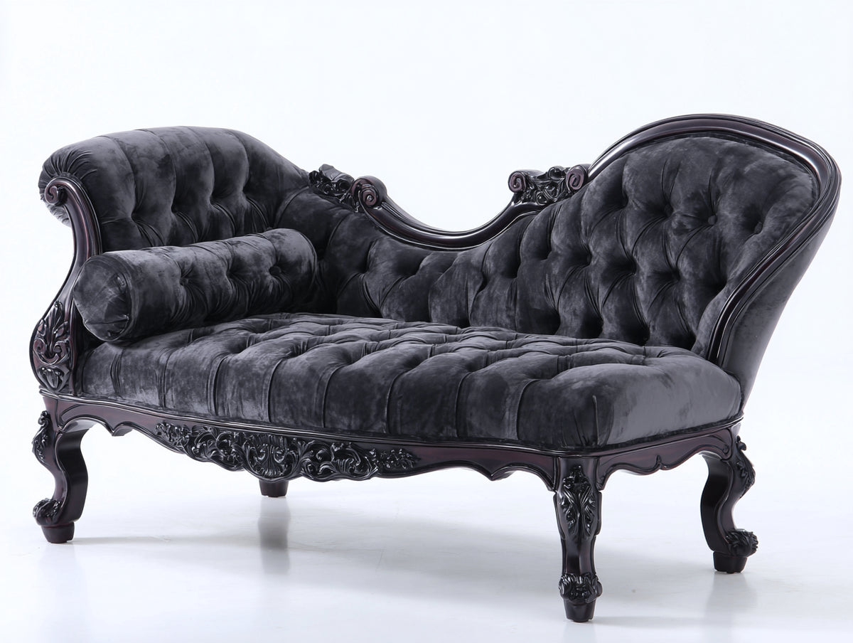 Chaise longue - Velluto - Legno - 210x90x95 cm - Grigio - Stile barocco