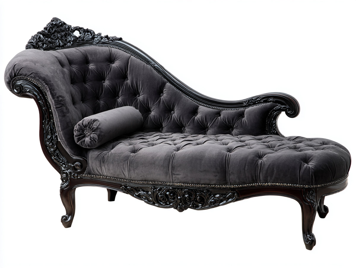 Chaise longue - Velluto - Legno - 195x90x95 cm - Grigio - Stile barocco