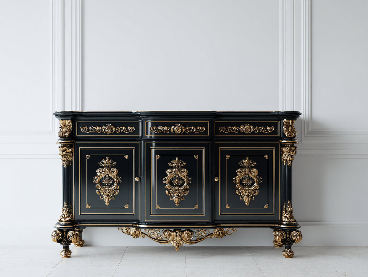 Mobile ingresso - Legno - 200x45x85 cm - Nero-Oro - Stile classico