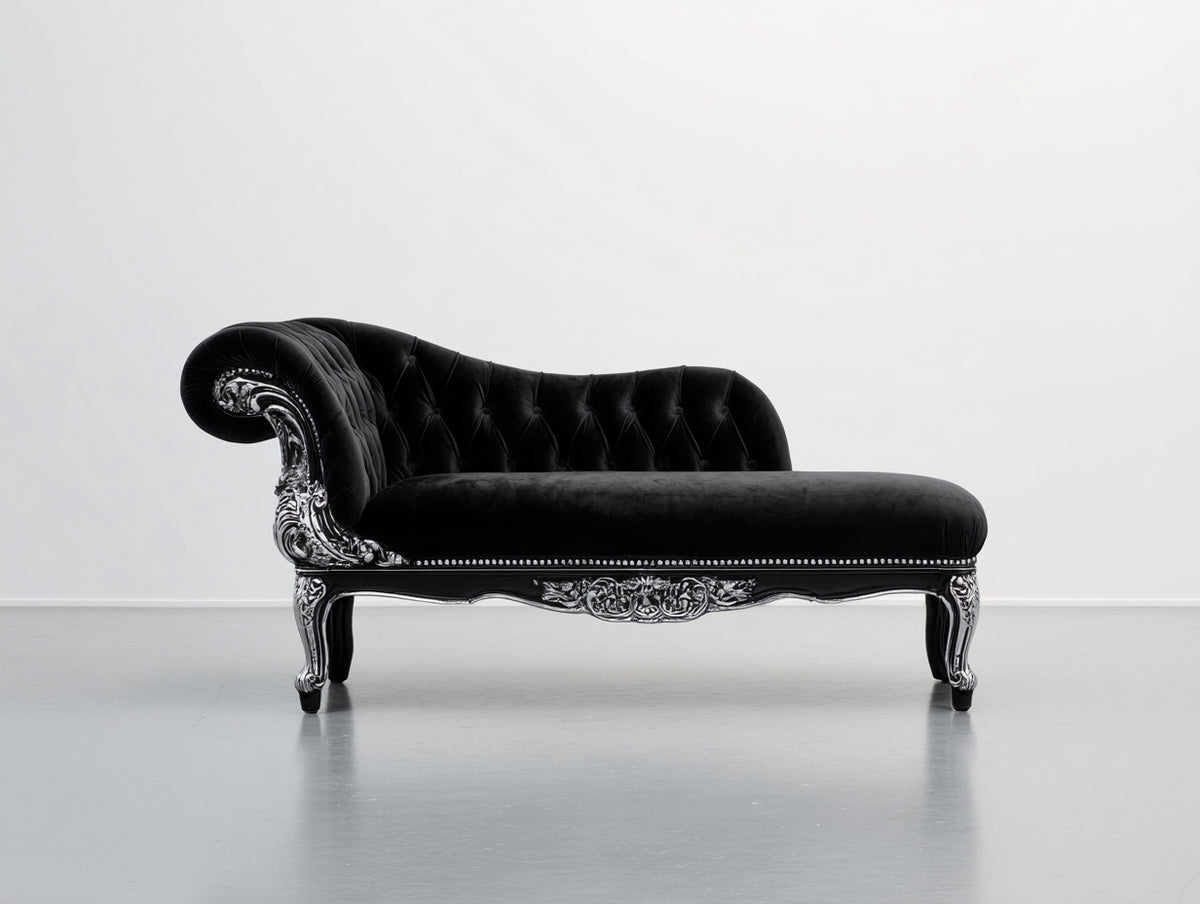Chaise longue - Velluto - Legno - 180x80x85 cm - Nero - Stile classico