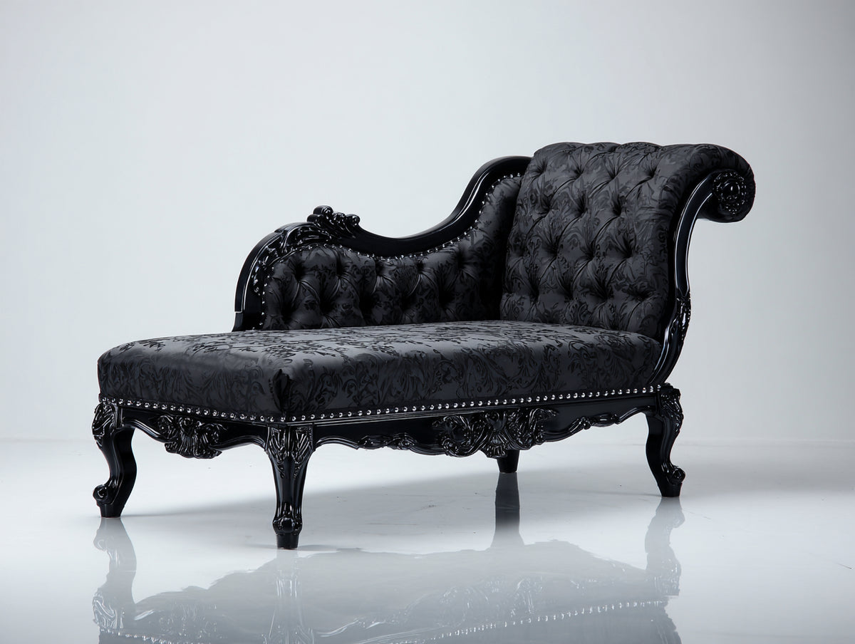 Chaise longue - Velluto - Legno - 175x85x90 cm - Nero - Stile barocco